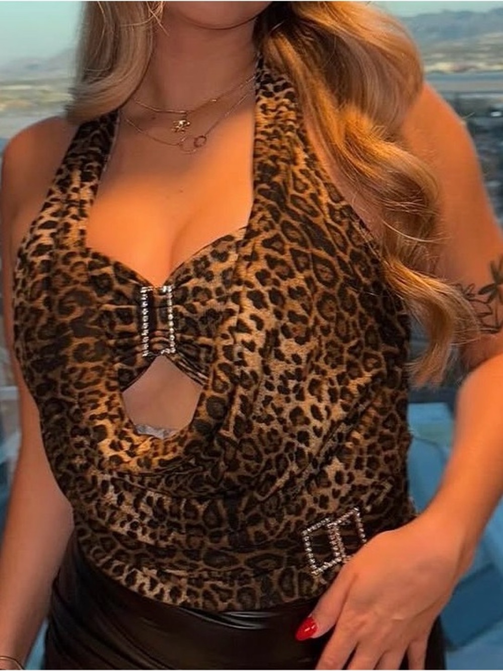 ROMWE Leopard Print Cowl Halter Top with Rhinestone Buckles - Brown